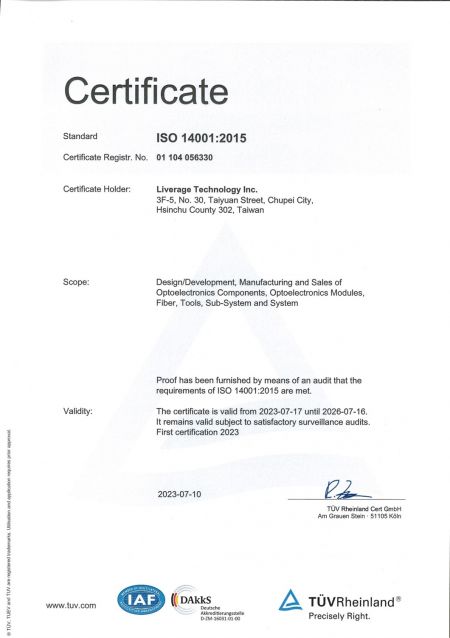 Liverage는 ISO 14001 인증을 받은 제조업체입니다.